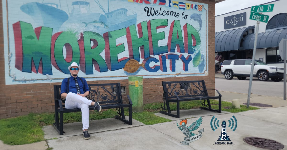 Alex, founder of NC AI Services, in front of the Morehead City mural on 6th & Evans, Morehead City, NC